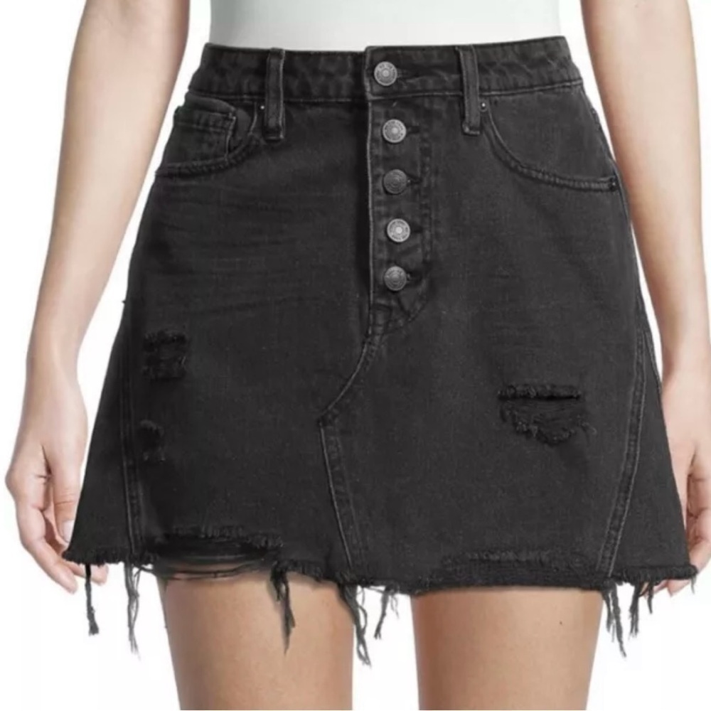 We The Free Rainn Distressed Black Denim Faded Skirt 28